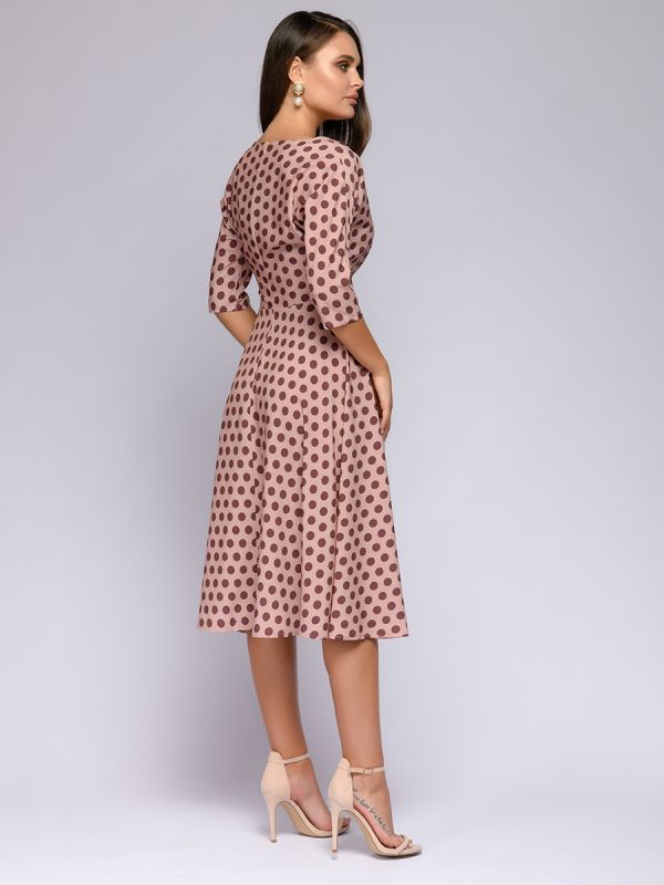 Beige polka dot midi length dress with waist flap