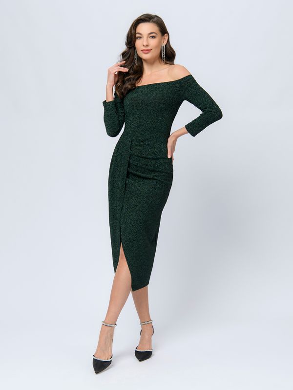 Dark green dress with open shoulders and draped skirt