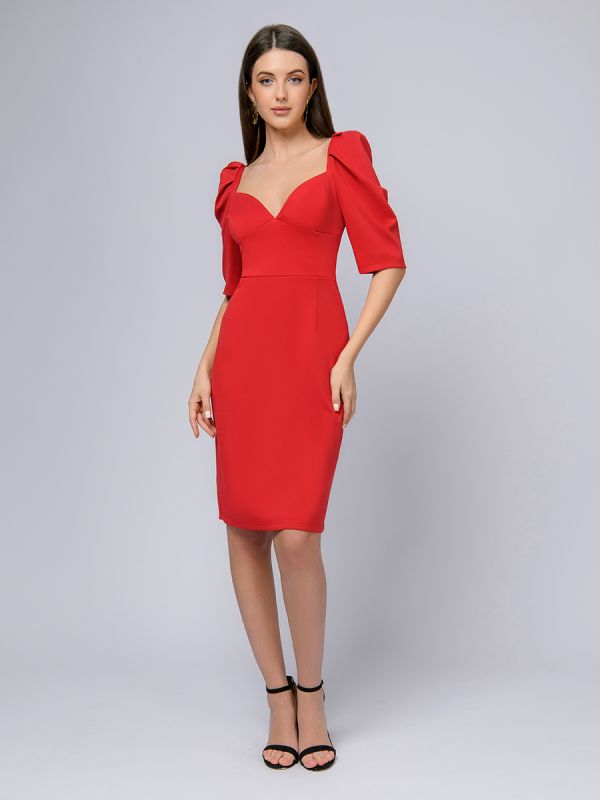 Red dress with puffed sleeves and deep neckline