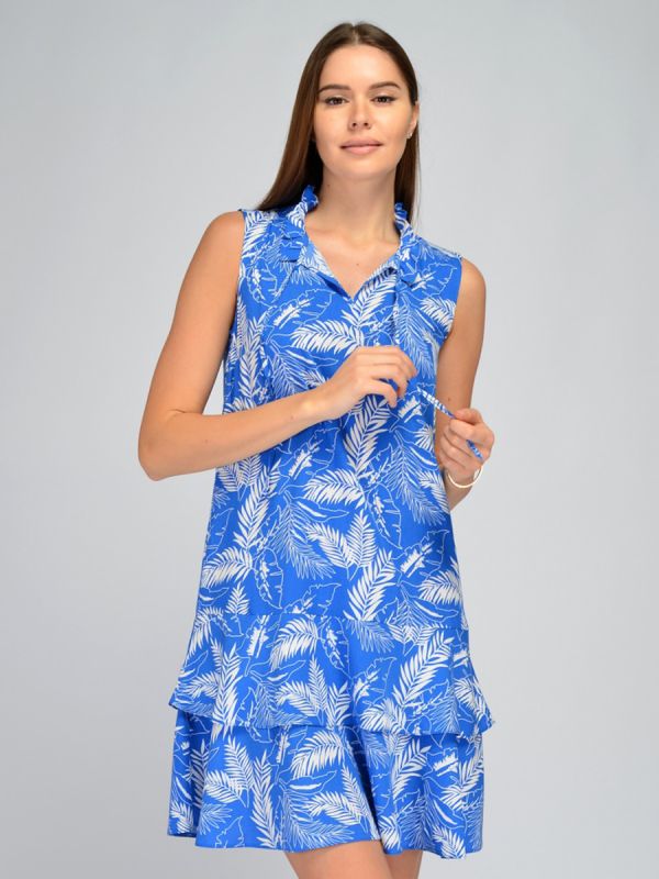 Blue mini length dress with print and flounces on skirt