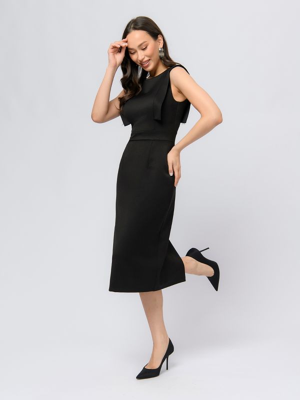 Black colored midi length flare dress with decorative trim