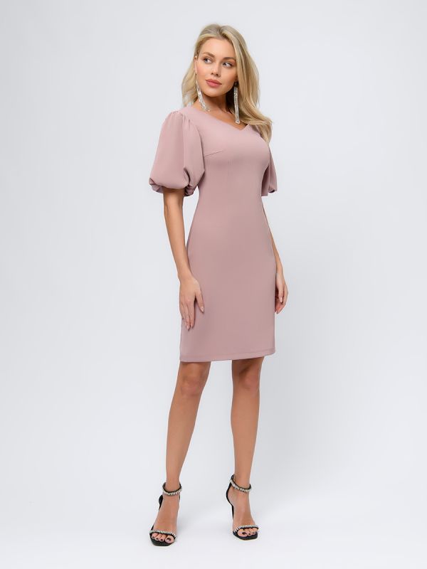 Dusty rose mini length dress with voluminous sleeves and open shoulders