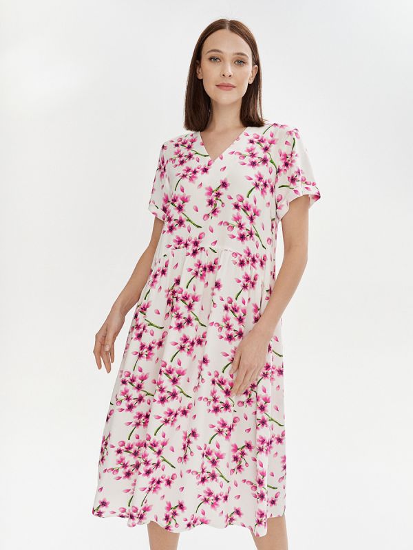 White midi length print dress with wide sleeves