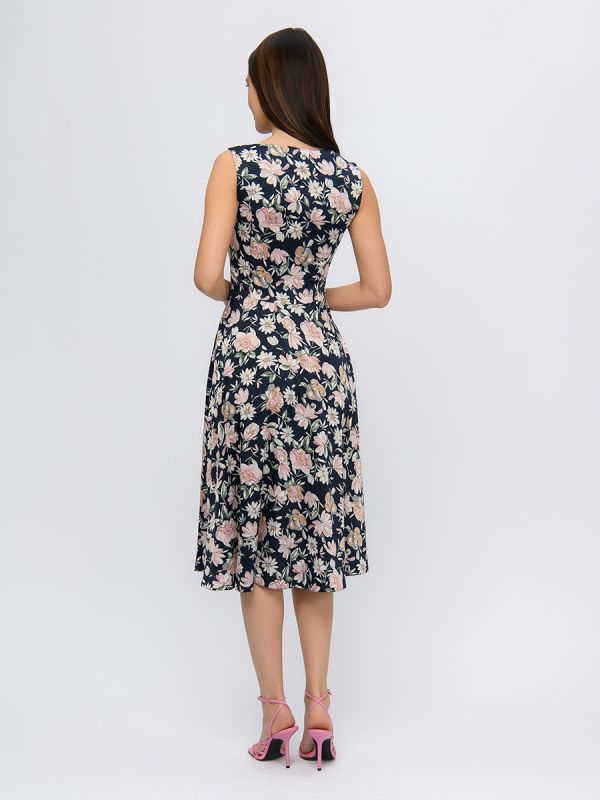 Dark blue print midi length sleeveless dress