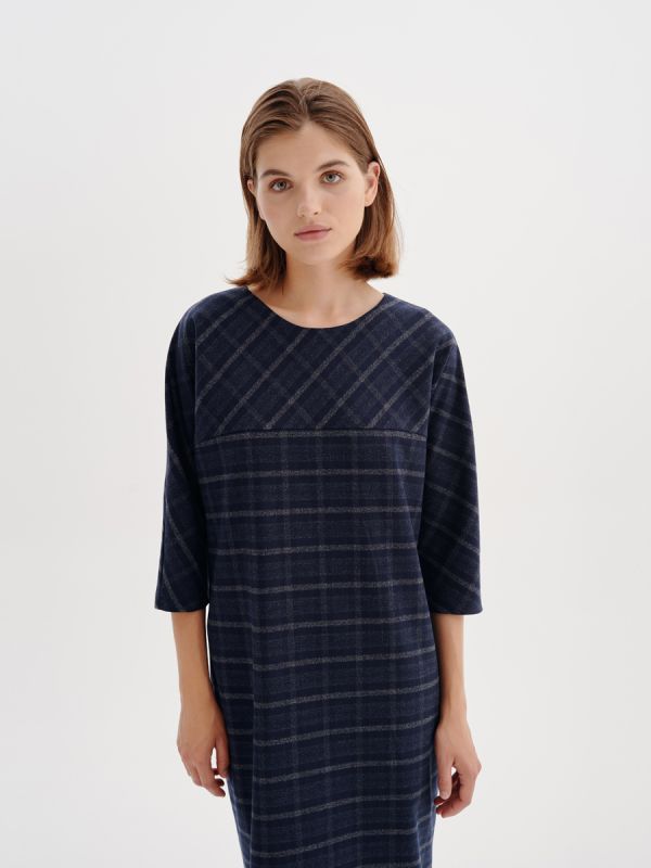 Dark blue plaid dress with 3/4 sleeves