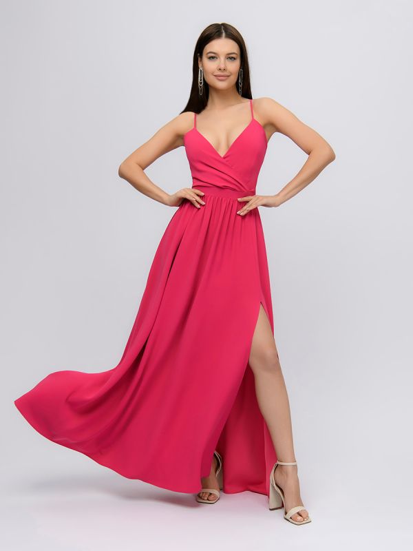 Fuchsia colored strappy maxi dress with slit skirt