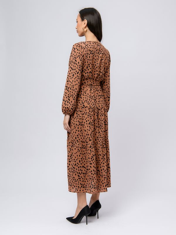 Brown color print midi length dress with flare and long sleeves