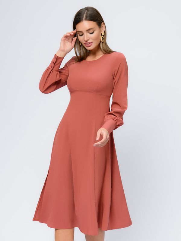 Terracotta midi length dress with slit skirt and long sleeves