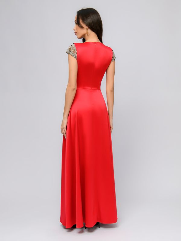 Red maxi length dress with lace and slit on skirt