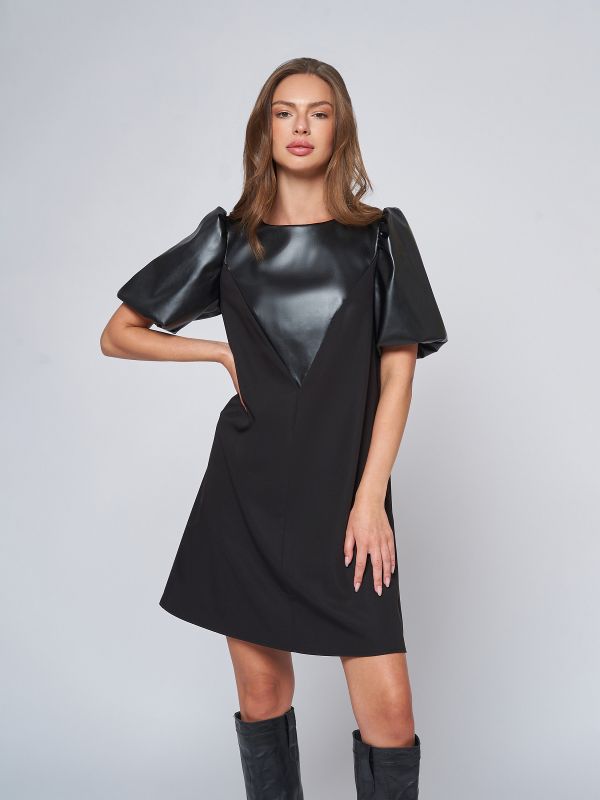 Black mini length dress with puffed sleeves and leather inset