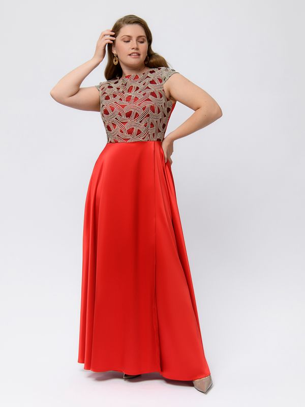 Red maxi length dress with lace and slit on skirt