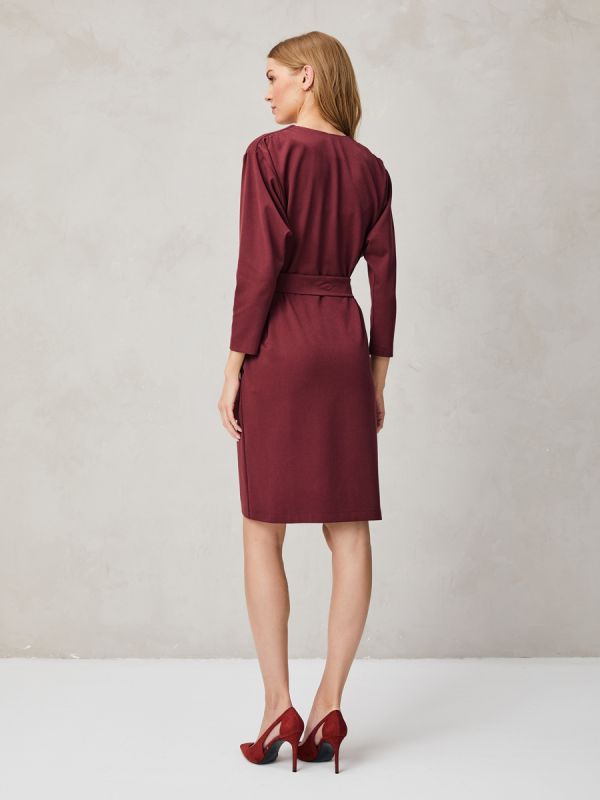 Burgundy dress with gathers on shoulders and waistband