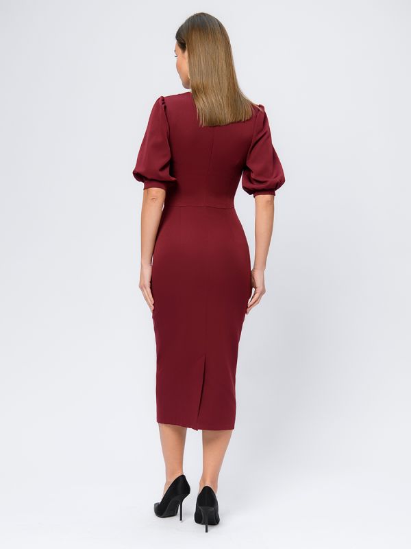 Midi length burgundy flare dress with shaped neckline