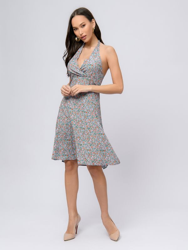 Mini length blue floral print dress with neck ties