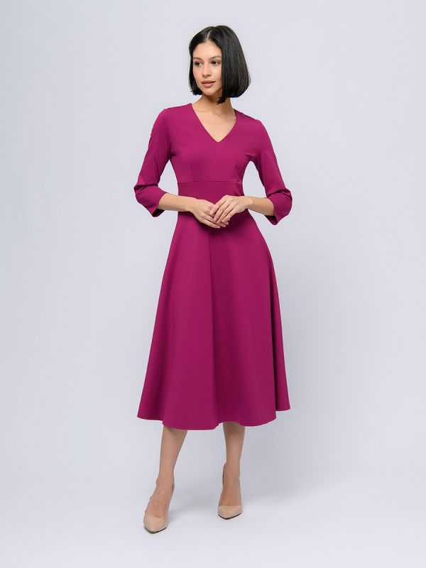 Berry colored midi length dress with deep neckline and 3/4 sleeves