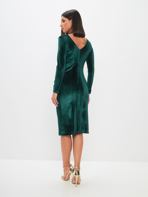 Emerald-colored midi length flare dress with V-neck on back