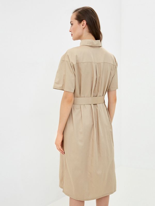 Beige shirt dress with patch pockets and waistband