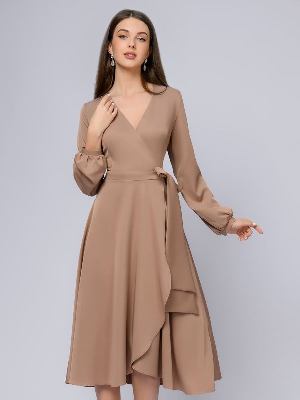 Beige midi length dress with long sleeves and flare