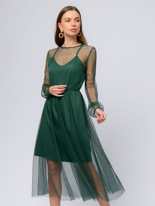 Dark green midi length dress with tulle trim