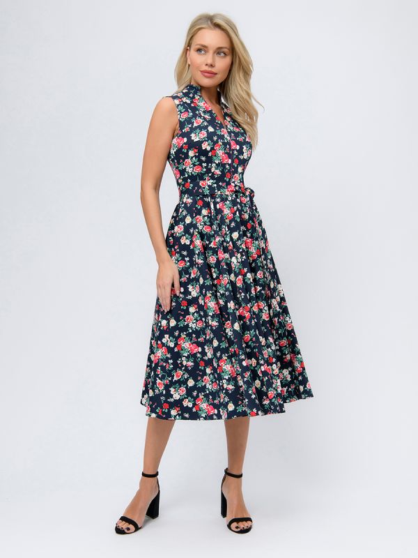 Dark blue floral print midi length sleeveless dress