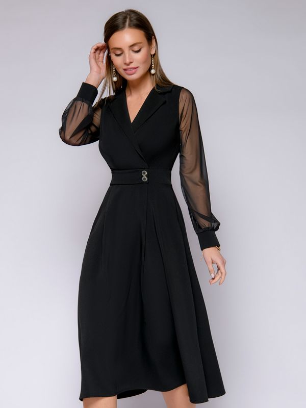 Black midi length dress with decorative belt and tulle sleeves