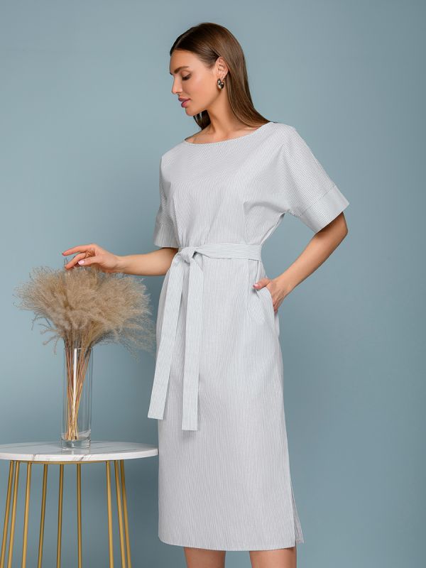 Green striped white midi length dress with short sleeves