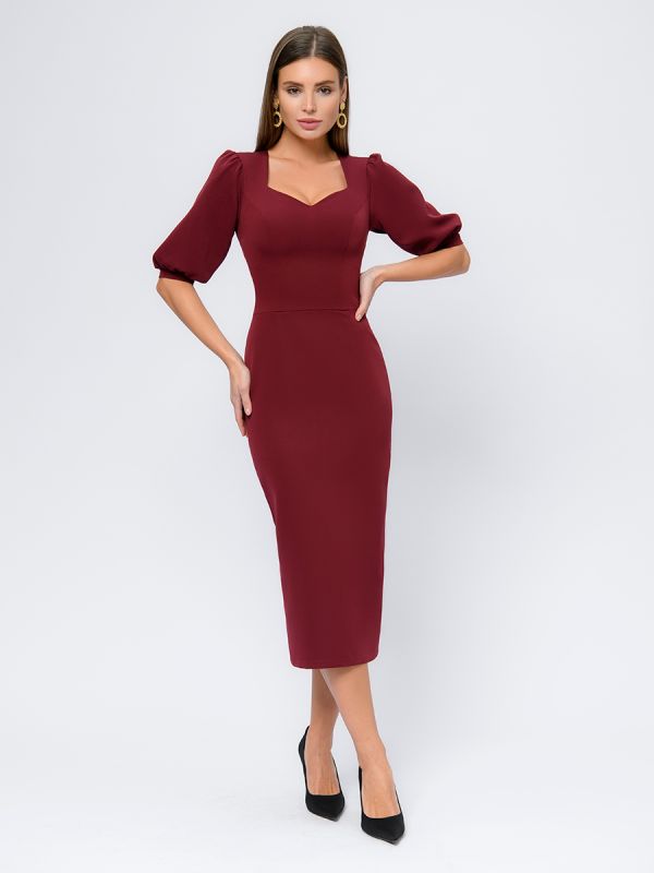 Midi length burgundy flare dress with shaped neckline