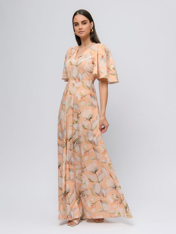 Beige color print maxi length dress with deep neckline