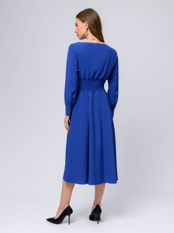 Blue midi length dress with wide elastic band at waist