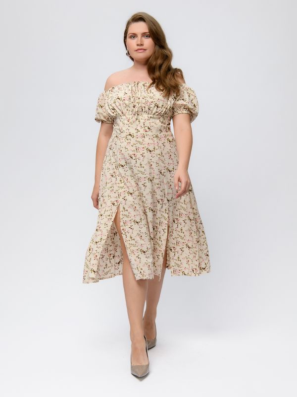 Beige print midi length dress with gathered bodice and short sleeves