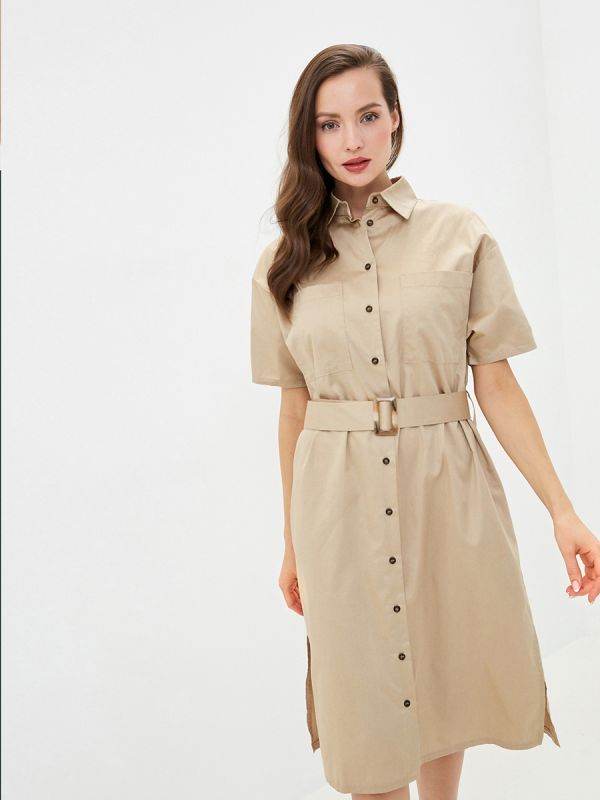 Beige shirt dress with patch pockets and waistband