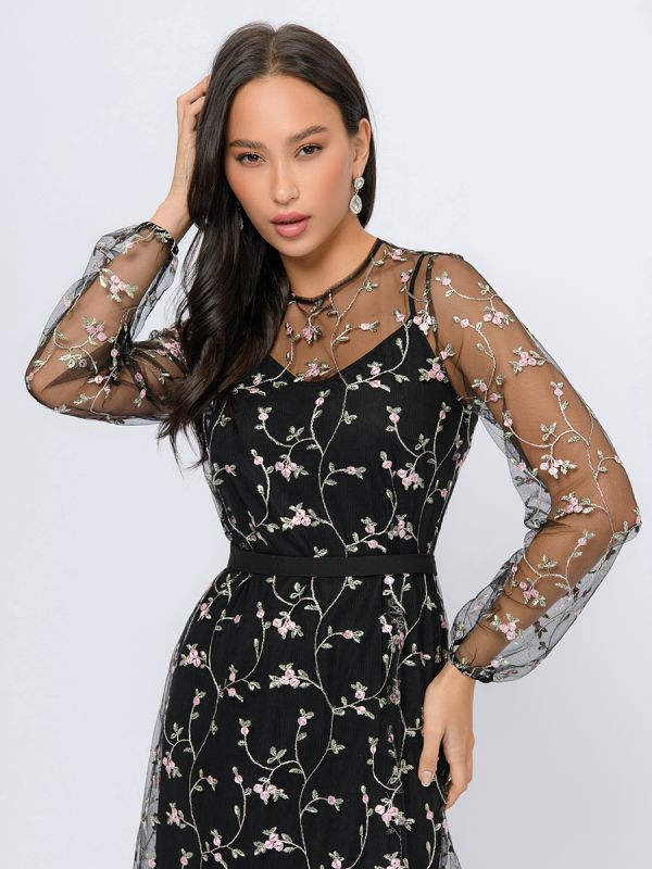 Black color midi length dress with floral embroidery