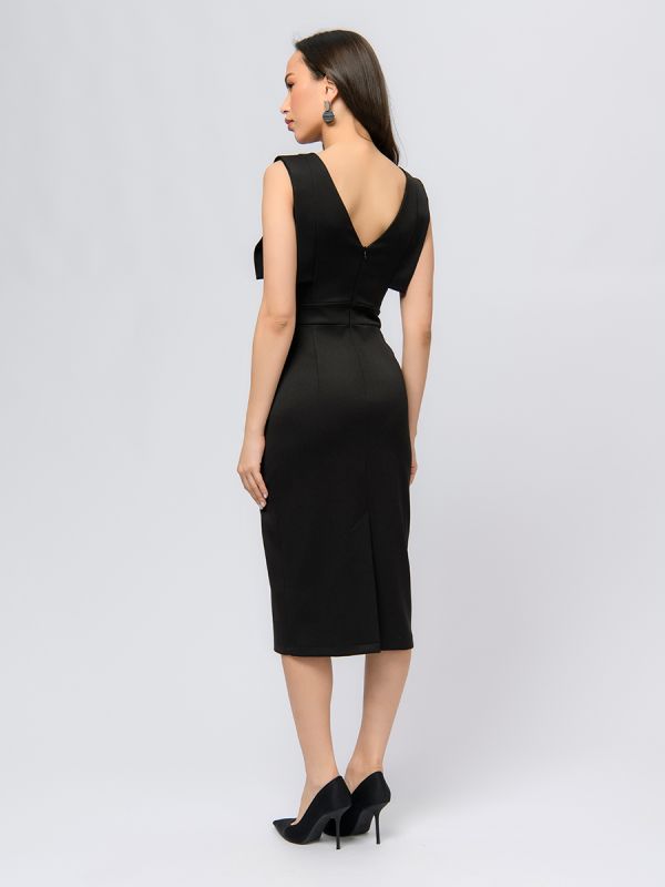 Black colored midi length flare dress with decorative trim