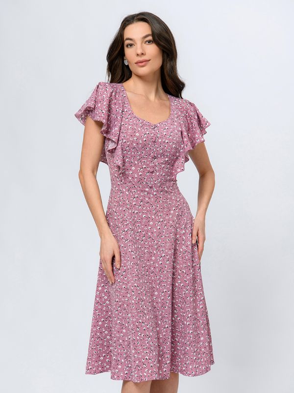 Purple colored midi length dress with floral print and short sleeves