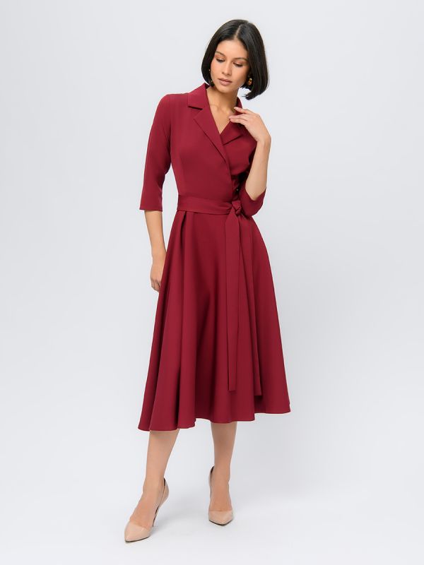 Midi length burgundy dress with collar and 3/4 sleeves