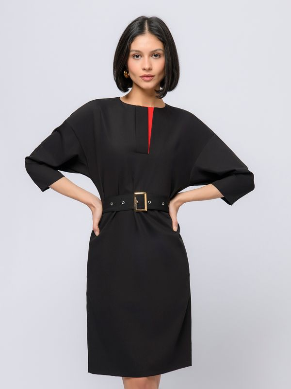 Black midi length dress with red inset and 3/4 sleeves