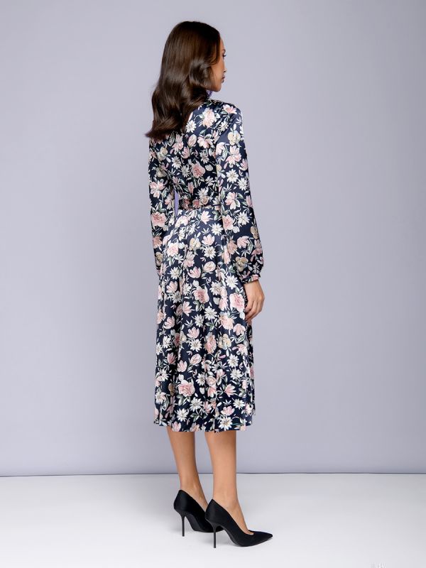 Midi length navy blue print dress with flare and long sleeves