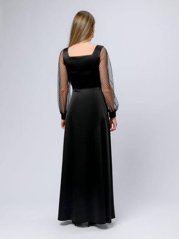 Black maxi length dress with slit skirt and tulle sleeves