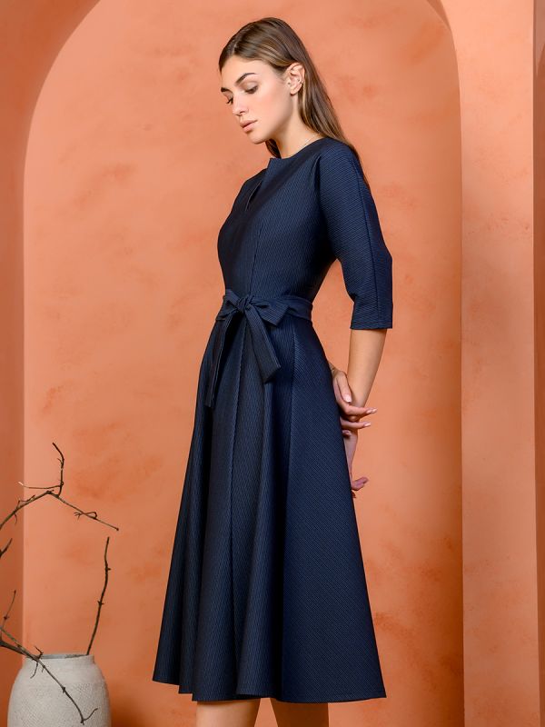 Dark blue striped midi dress with batwing sleeves