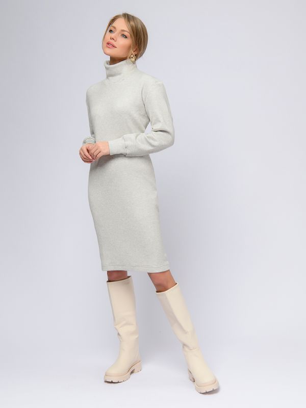 Milk colored insulated knitted dress with high collar