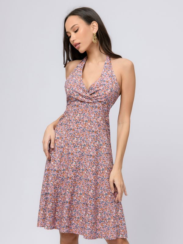 Pink floral print mini length dress with neck ties