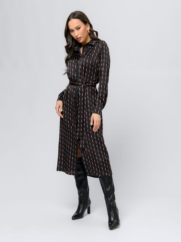 Black color midi length dress with print and long sleeves