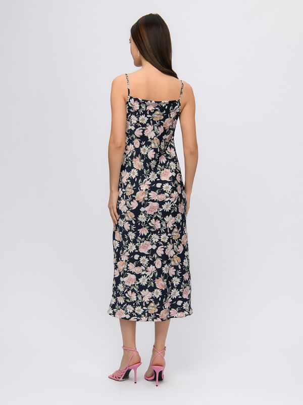 Navy blue floral print midi length strappy dress