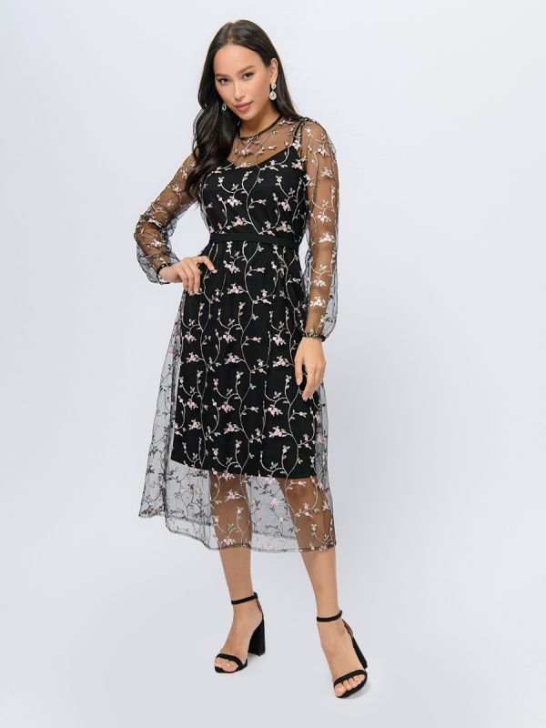 Black color midi length dress with floral embroidery