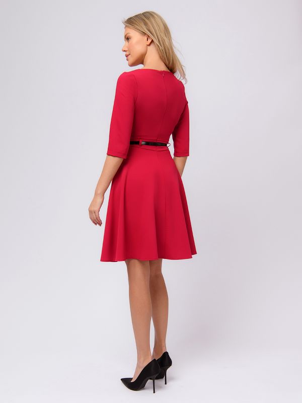 Red dress with 3/4 sleeves and flared skirt