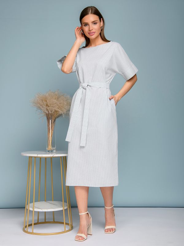 Green striped white midi length dress with short sleeves