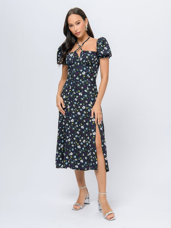 Navy blue print midi length dress with gathered bodice and short sleeves