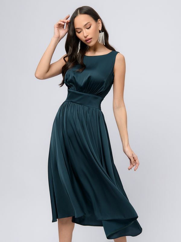 Dark green sleeveless midi length dress