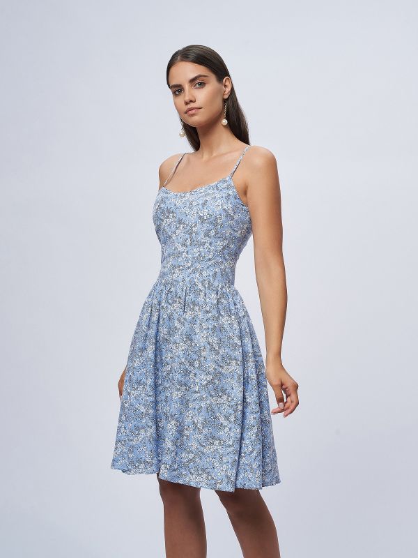 Mini length blue floral print dress with straps