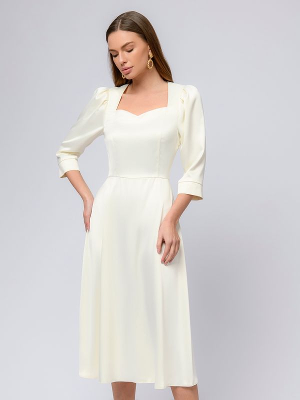 Milk colored midi length dress with voluminous sleeves and bob neckline